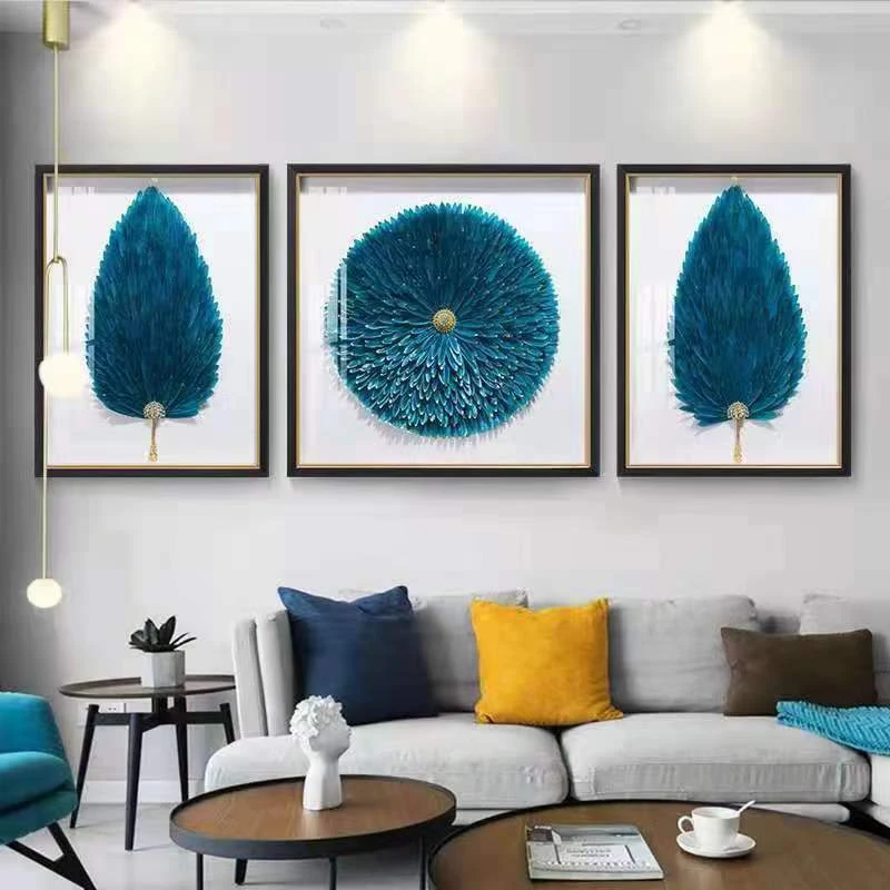 客厅装饰画现代简约轻奢沙发背景墙羽毛壁画立体实物大气三联挂画