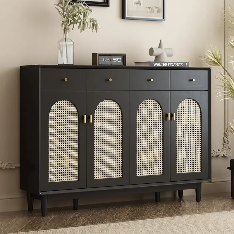 黑色复古藤编鞋柜实木框家用门口客厅简约入户玄关收纳阳台储物柜