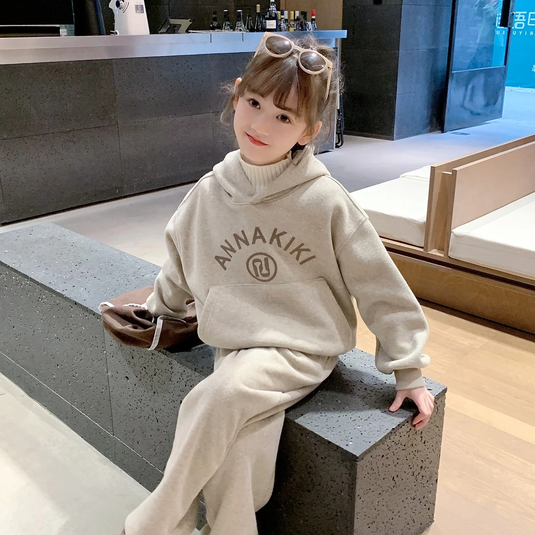 B23400女童加绒套装2023冬装新儿童卫衣宝宝运动加厚长裤两件套