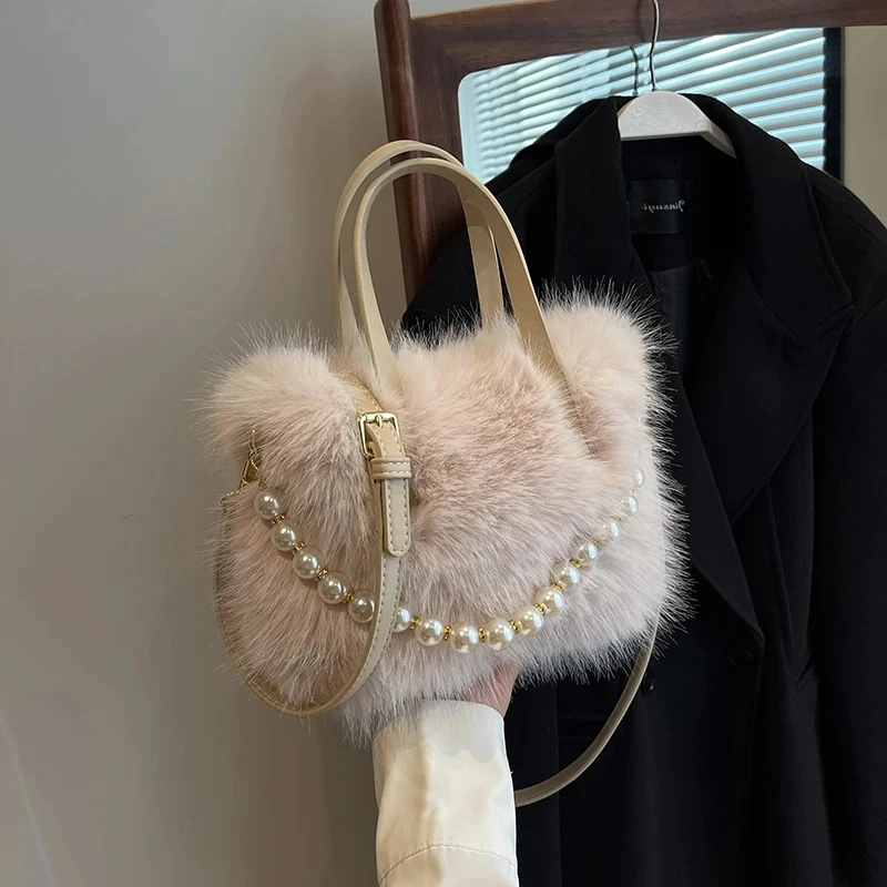 新款毛茸茸手提小包包女款爆款2024时尚百搭珍珠毛毛小方包斜挎包