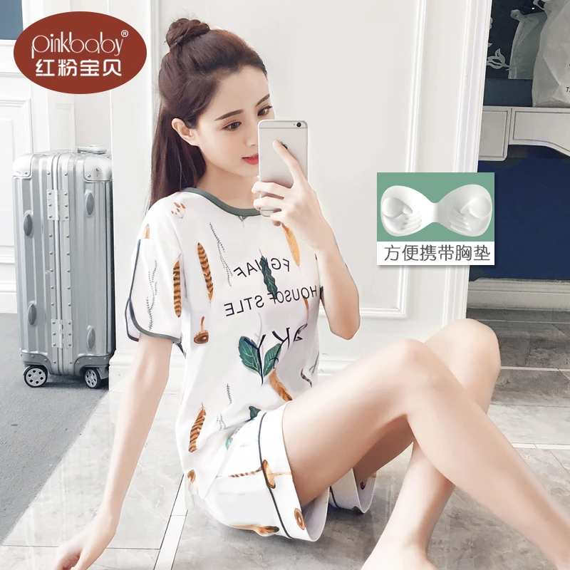 带胸垫睡衣女士夏天纯棉宽松薄款短袖全棉休闲两件套家居服可外穿