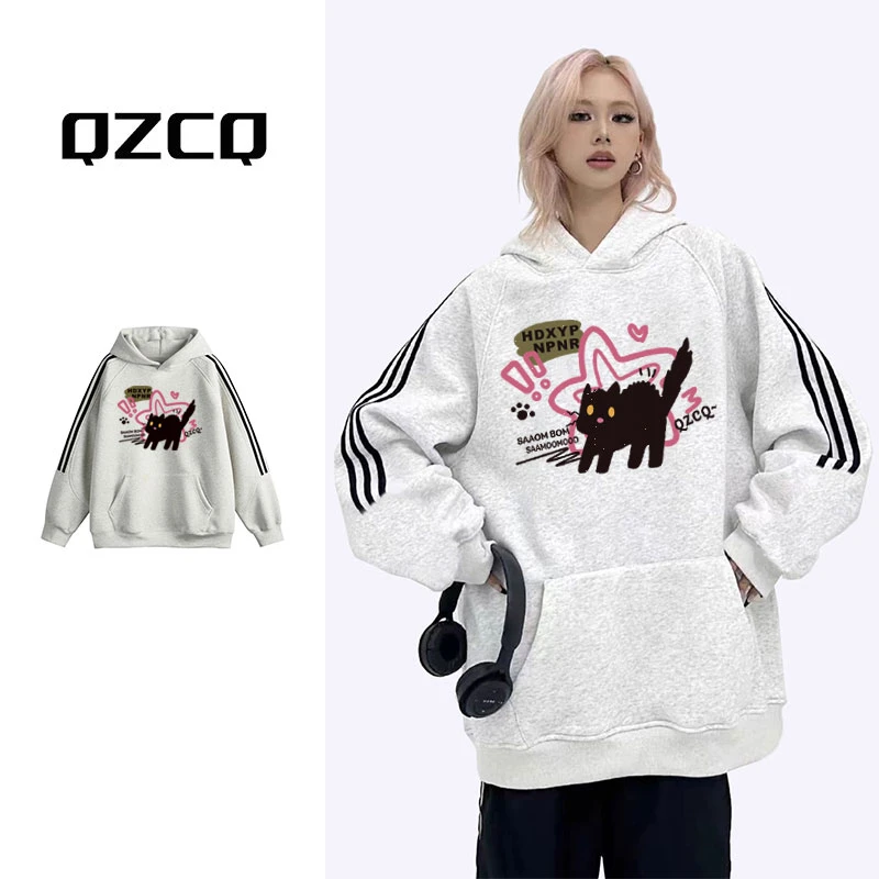 美式复古印花998秋冬三条织带拼色连帽衫卫衣女宽松慵懒风百搭ins