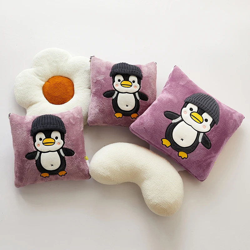 【宠粉福利】双面长绒帽子企鹅深紫色 加厚二合一折叠多功能抱枕被