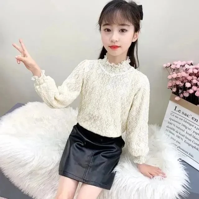 巴拉甄选公主风童装2023冬装新款女童洋气花边高领加绒加厚蕾丝打