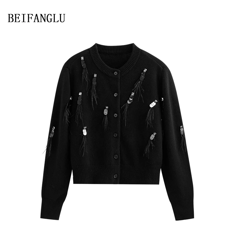 北方鹿【黑天鹅羽毛珠片】绵羊毛秋冬气质羽毛流苏长袖针织开衫6316