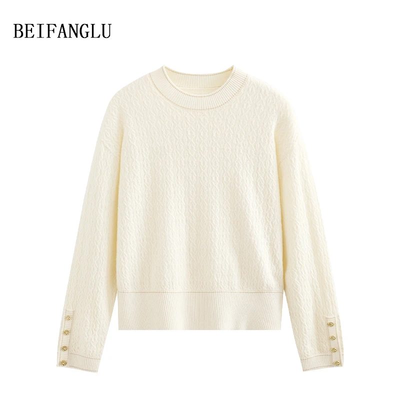 北方鹿 轻奢法式E*小香风！绵羊毛立体提花金丝圆领套头针织衫2445