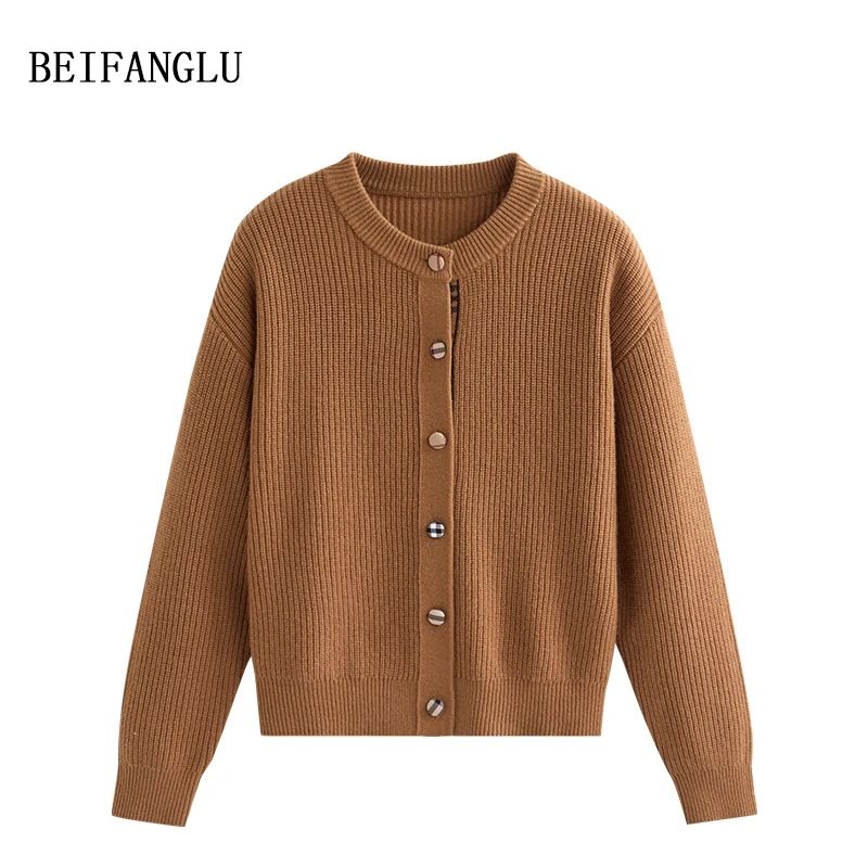 北方鹿 经典格子布包扣#气质坑条圆领长袖绵羊毛针织开衫外套1328