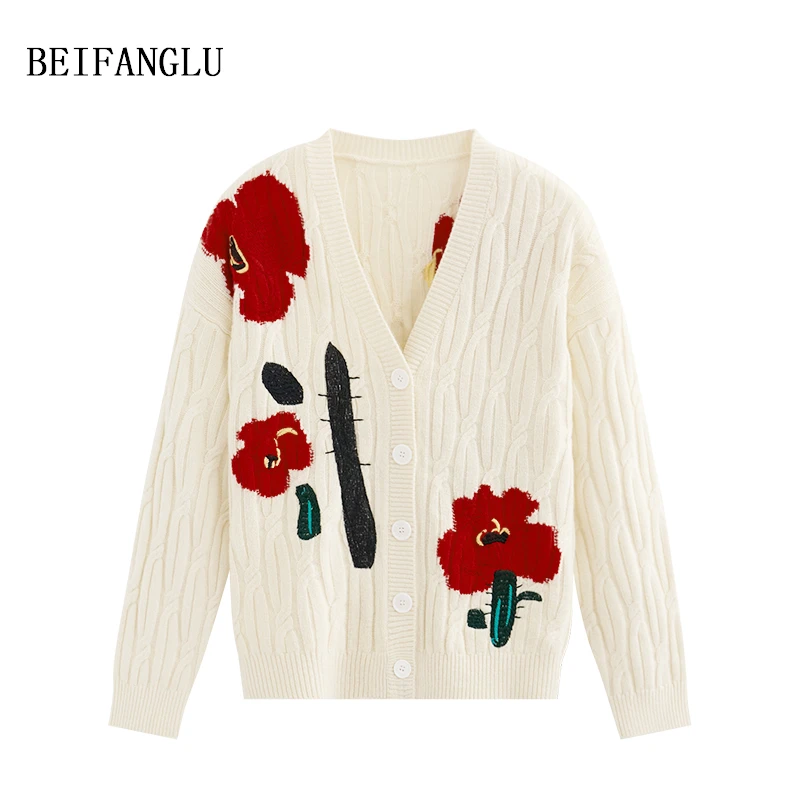 北方鹿【明星穿搭】绵羊毛气质V领仙人掌提花绞花针织开衫外套1325