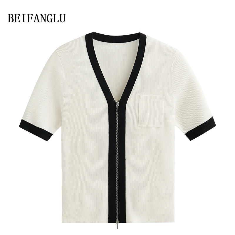 北方鹿 柜单髙货！莱赛尔醋酯桑蚕丝夏季拉链V领针织短袖开衫6190