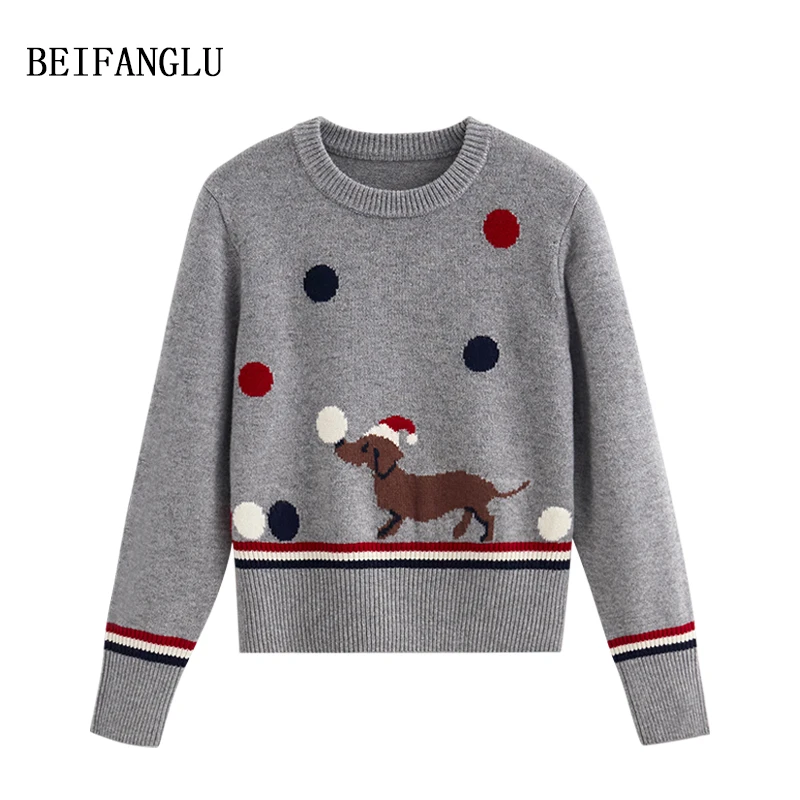 北方鹿【圣诞小狗提花】绵羊毛 秋冬新品 简约圆领长袖针织衫女6289