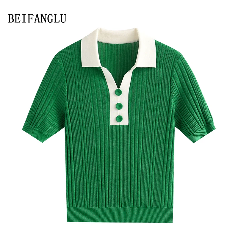 北方鹿【定染绿森林】莱赛尔醋酯桑蚕丝夏季气质POLO领针织短袖5819