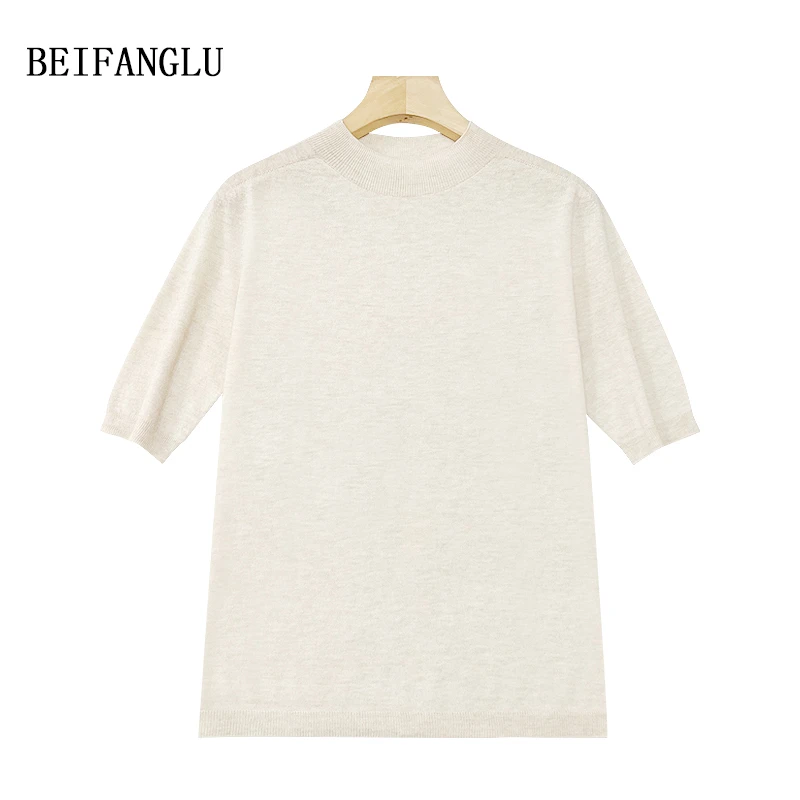 北方鹿 品质控入！精纺羊绒气质半高领百搭纯色短袖羊毛衫春W9889