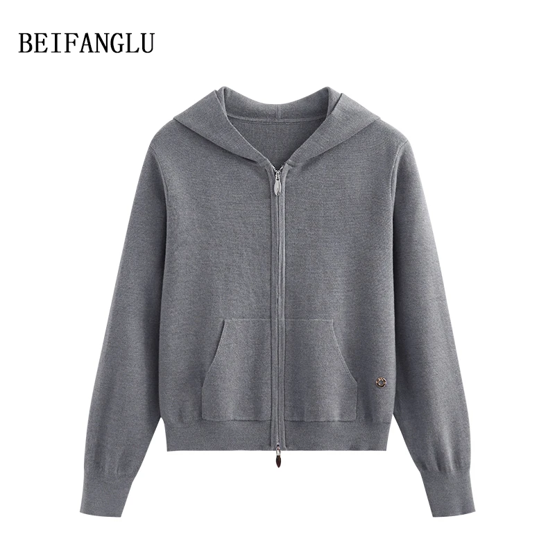 北方鹿【Th*柜单老钱风】精纺羊毛2024秋休闲连帽拉链针织开衫6863