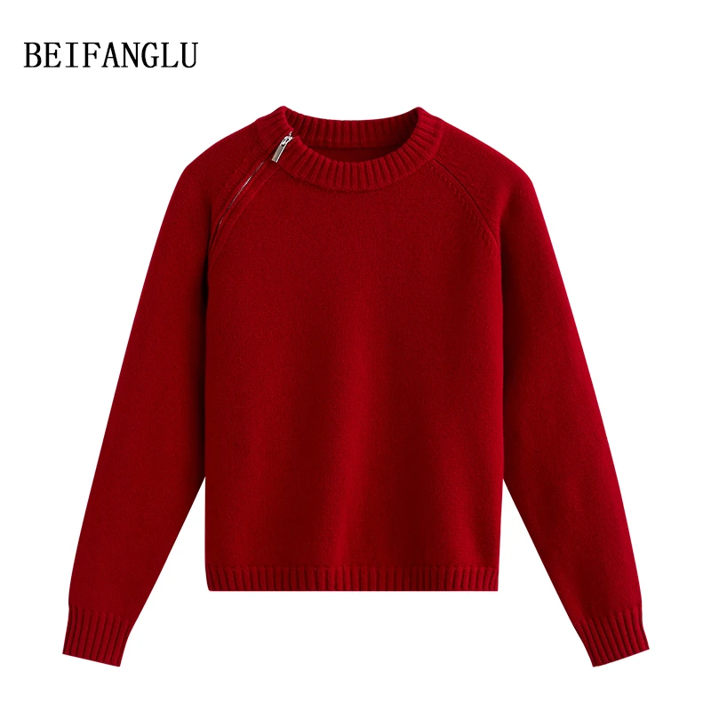 北方鹿 氛围感红#绵羊毛2024秋冬气质拉链插肩袖套头针织毛衣6220