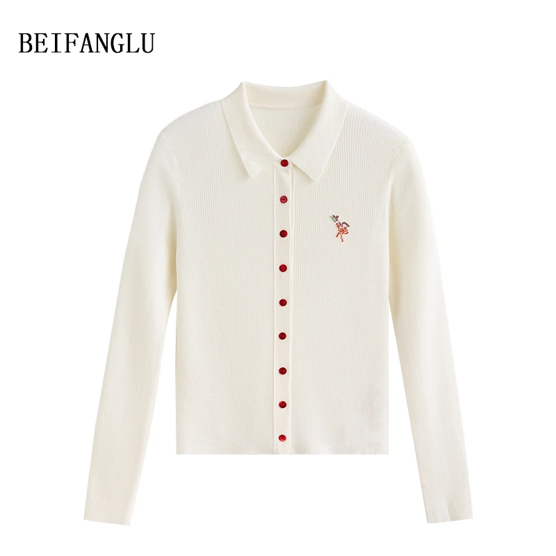 北方鹿 秋冬长袖气质重工刺绣POLO领女针织开衫休闲百搭女士6275