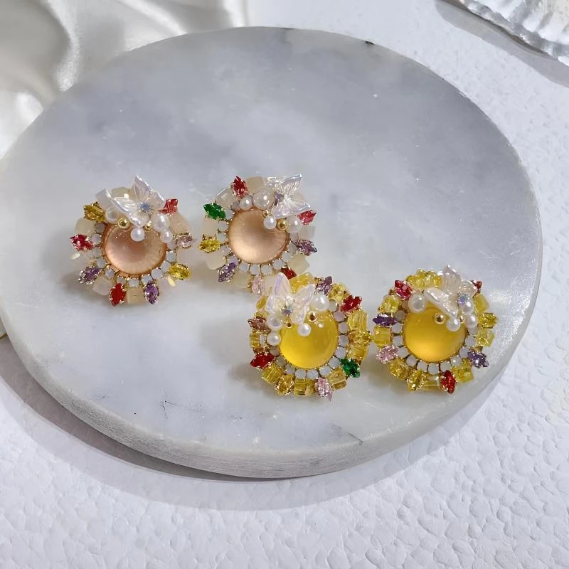 铜合金合成锆石耳饰 彩色超仙蝴蝶花圆耳钉轻奢时尚甜美气质百搭