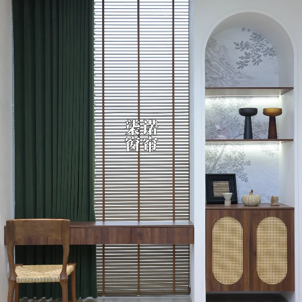柒诺【流星-16复古绿搭配木百叶】中古风海派 美式复古书房客厅窗帘
