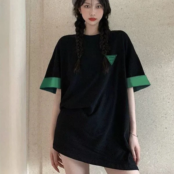 时尚设计感中长款短袖t恤女2025夏季宽松正肩遮臀黑色宽松上衣