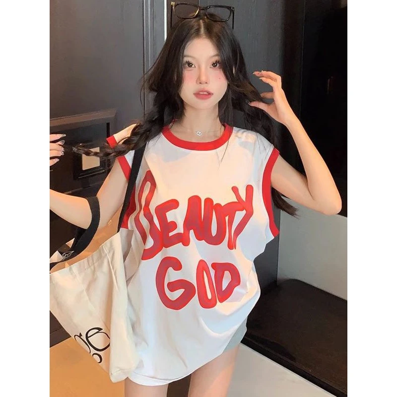 时尚下衣失踪T恤女发泡字母印花宽松显瘦中长款无袖背心上衣ins夏