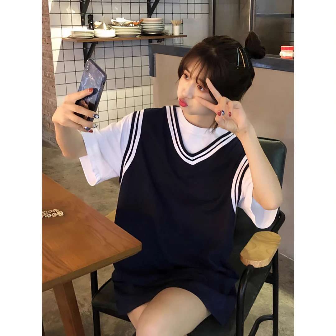 深蓝色假两件短袖t恤女夏欧货宽松大版简约中长款半袖篮球服潮ins