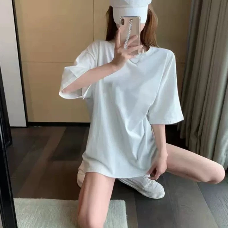 欧货白色短袖T恤女中长款2025夏新款宽松设计感百搭遮屁股上衣ins