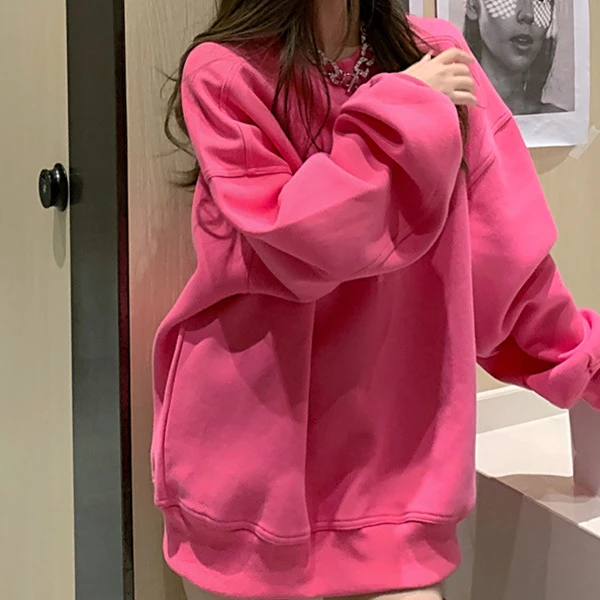 玫粉色大版卫衣女春秋2025新款宽松中长款无帽遮屁股秋冬加绒上衣