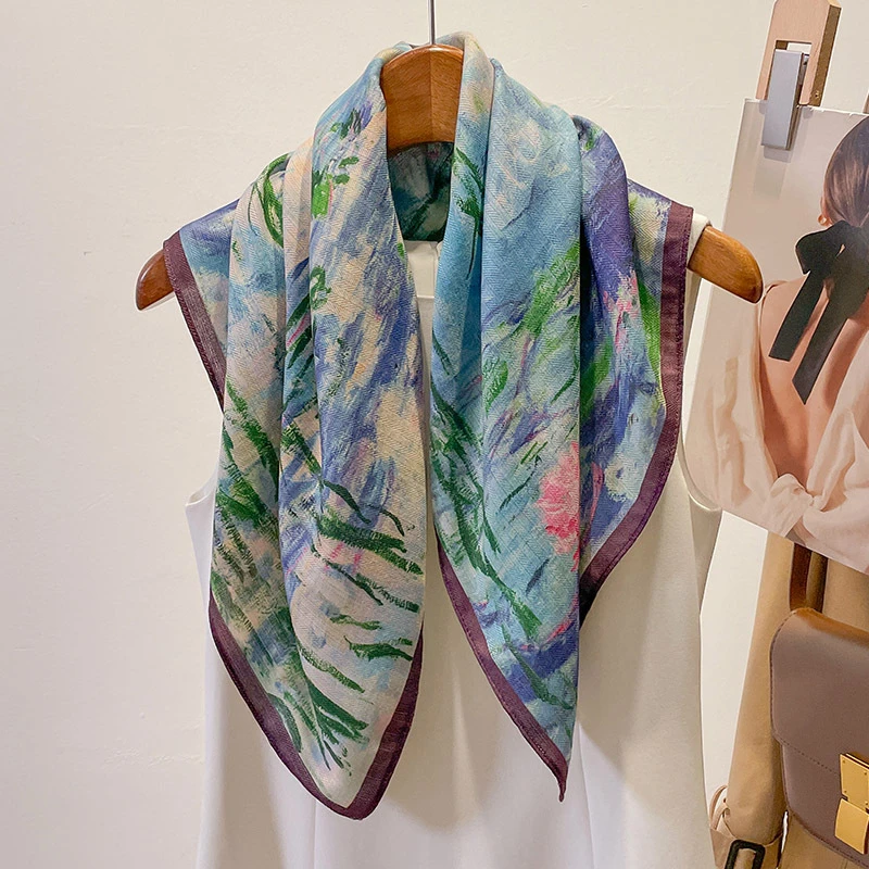 2024油画棉麻手感气质方巾围巾围脖时尚百搭装饰春季新款女小围巾