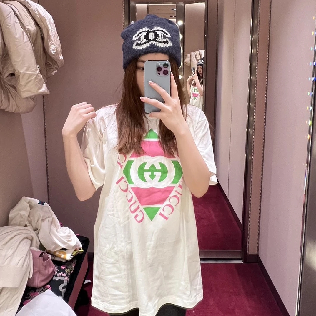 全新未使用 GUCCI/GUCCI Gucci粉绿色菱形印花短袖T恤