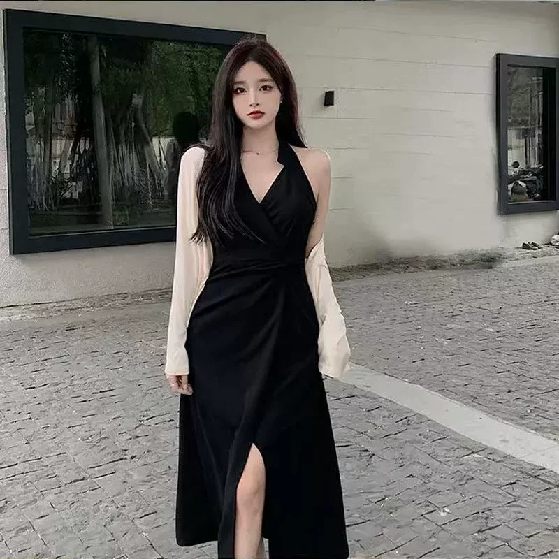 2025春夏新款大码女装气质中式复古挂脖修身遮肉连衣裙