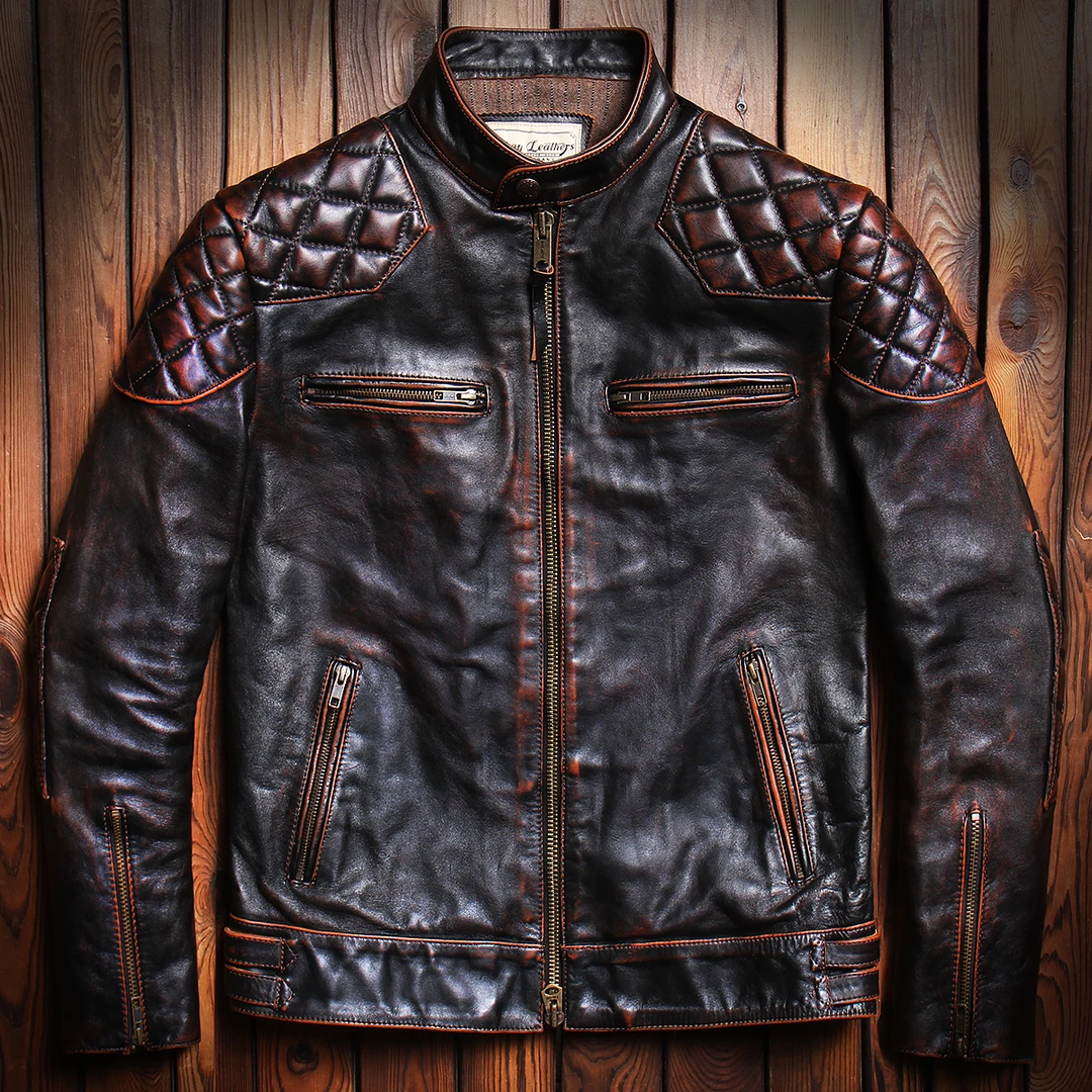 【贝克汉姆同款】 全身擦色茶芯马皮做旧立领修身短款机车男皮夹克