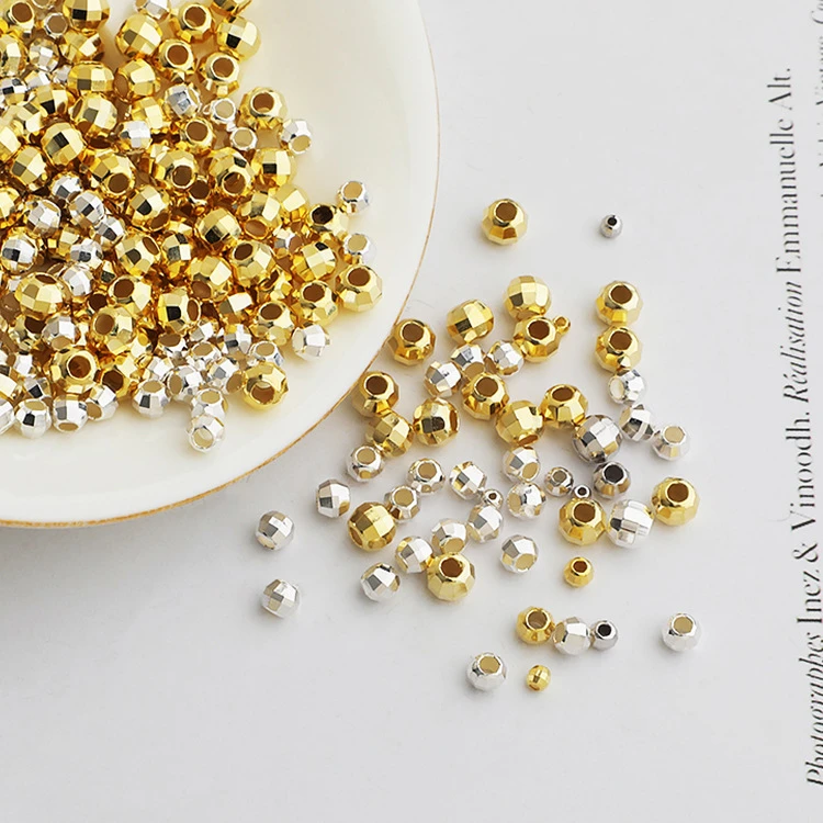 925银银制品 s925纯银镀金镭射珠切面圆珠串珠手链车花隔珠配珠饰