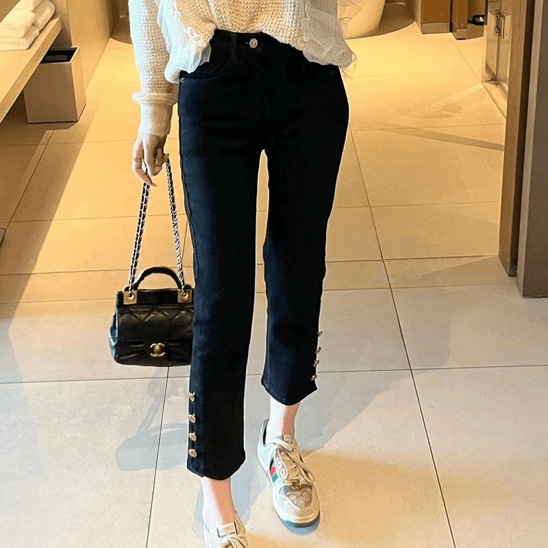 大码直筒牛仔裤女秋装新款胖mm显瘦高腰弹力加厚绒烟管九分裤子潮