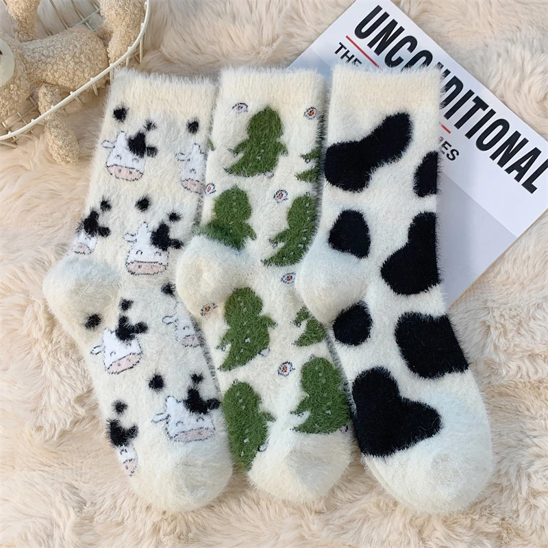 【加绒加厚】新款秋冬仿貂绒袜子女保暖加厚奶牛睡眠毛绒地板袜
