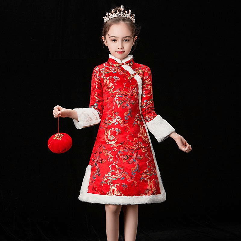 女童旗袍汉服儿童长袖唐装红色拜年服宝宝中国风过年服装加厚冬装