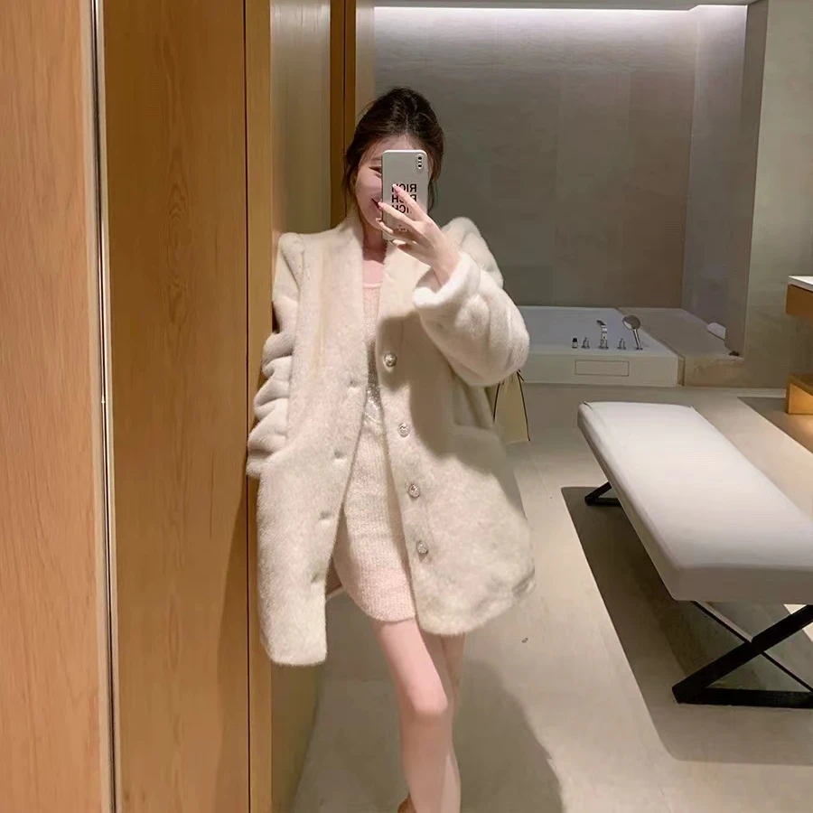 （奶油起司）冬季新款仿貂绒环保毛毛外套中长款皮毛一体毛毛大衣女