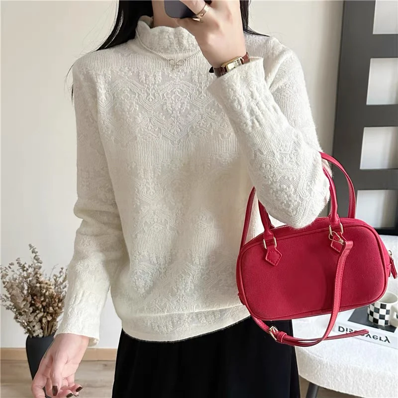 【加厚打底衫】法式波浪领蕾丝半高领打底衫时尚洋气针织衫女内搭潮
