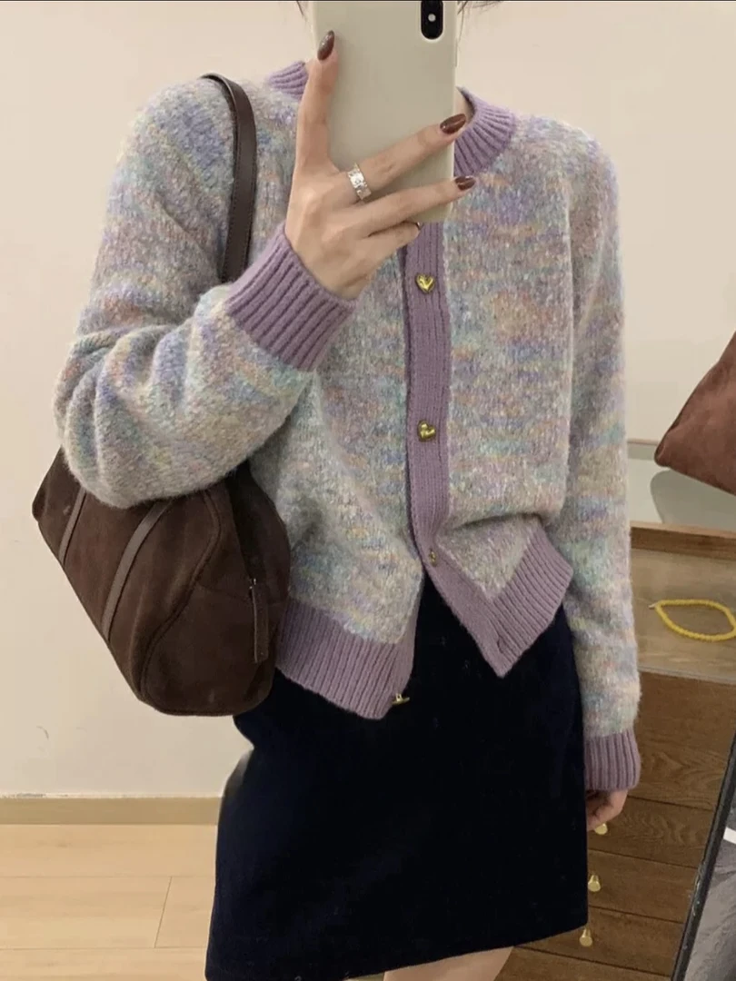 古早配色花纱紫色加厚毛衣圆领针织开衫慵懒风宽松软糯外套