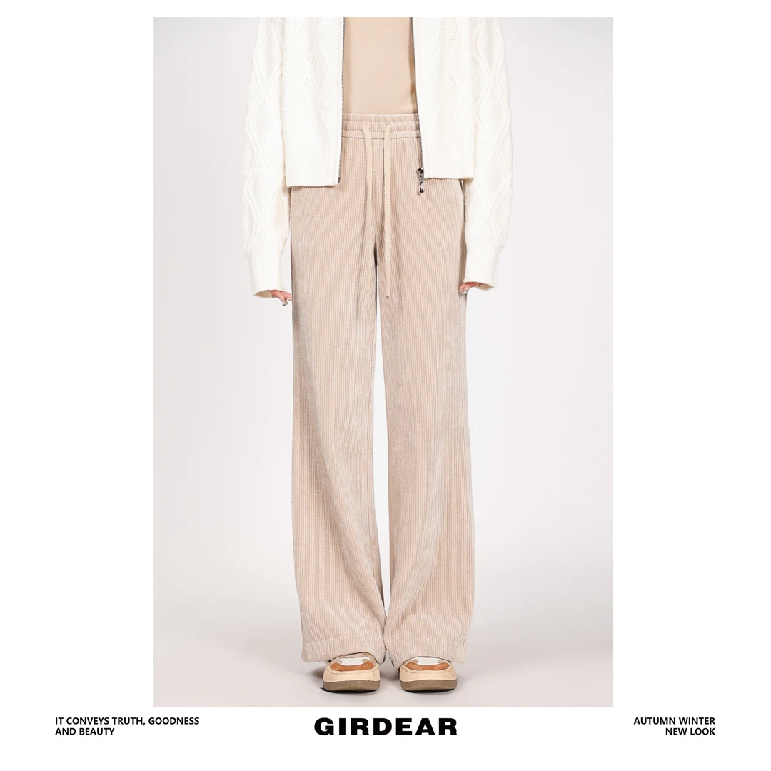 GIRDEAR/哥弟秋冬款百搭中高腰抽绳雪尼尔宽松休闲直筒裤1100280