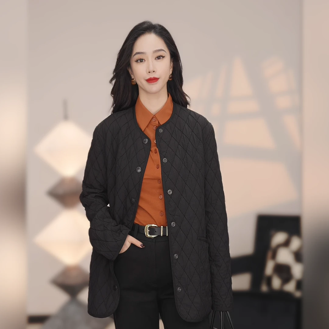 GIRDEAR/哥弟秋冬新款暗黑风保暖气质简约压褶格纹棉服女 1400742