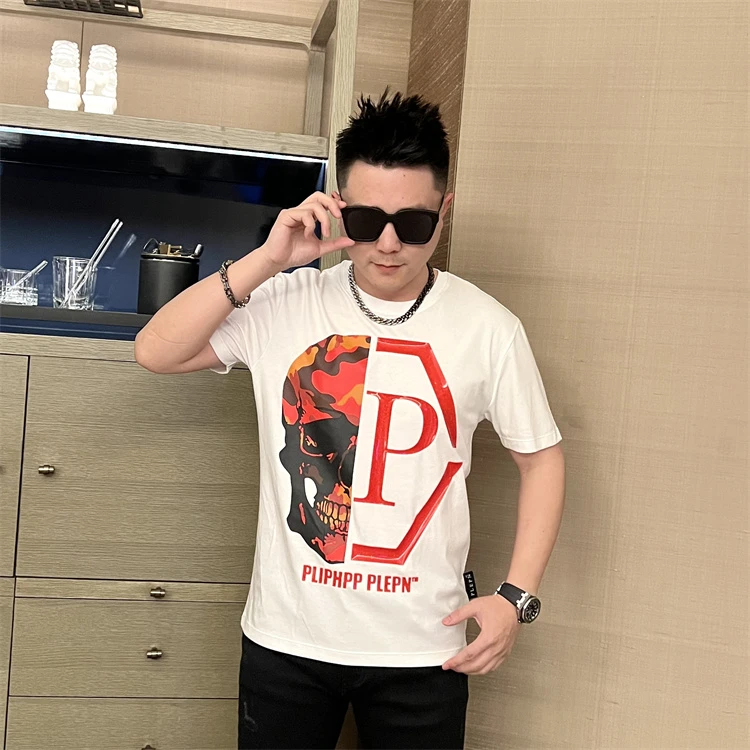 2024夏季新款欧货骷髅进口胶印时尚潮流百搭修身男士圆领短袖T恤