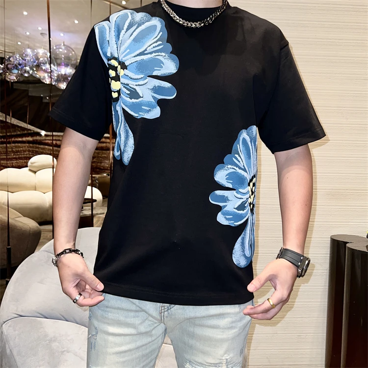 2023夏季新款花胶印印花时尚潮流百搭潮牌男女同款圆领短袖T恤潮