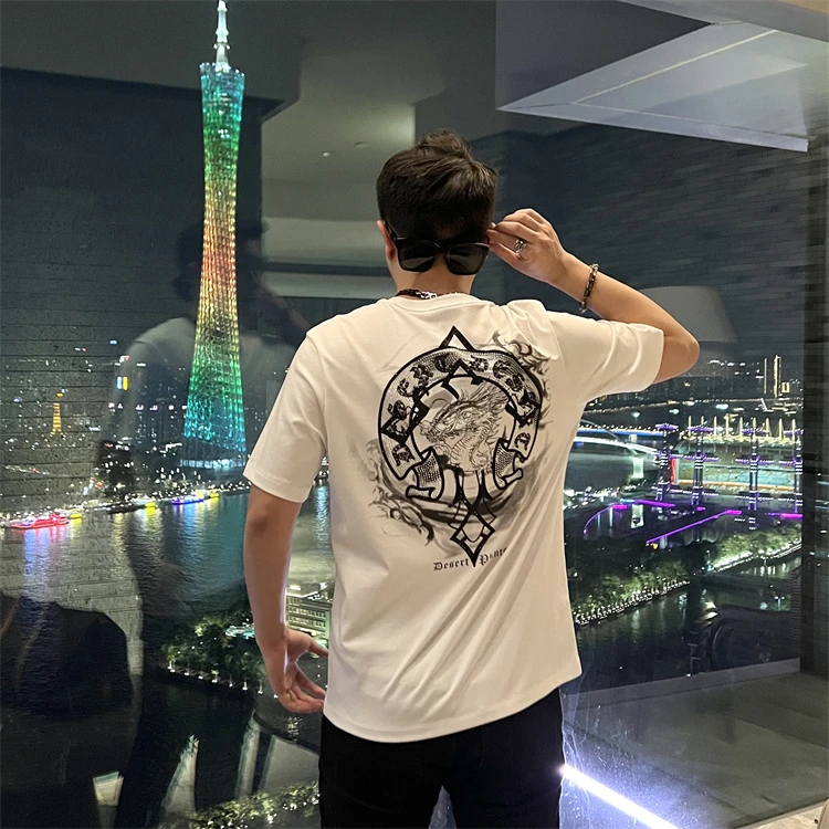 2024春夏新款欧货龙印花烫钻时尚潮流百搭合身男士圆领短袖T恤潮