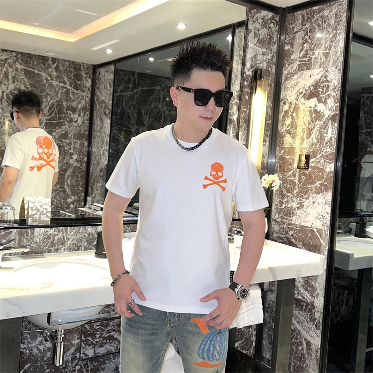 2024夏季新款欧货骷髅进口胶印时尚潮流百搭修身男士圆领短袖T恤