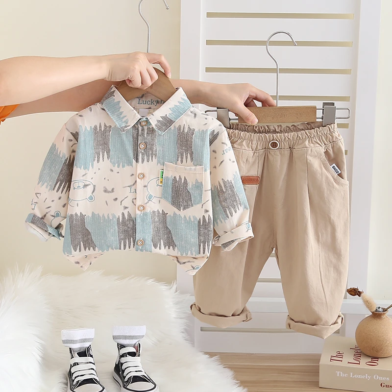 男童帅气套装春秋款宝宝秋装儿童纯棉长袖衬衫两件套婴儿洋气衣服