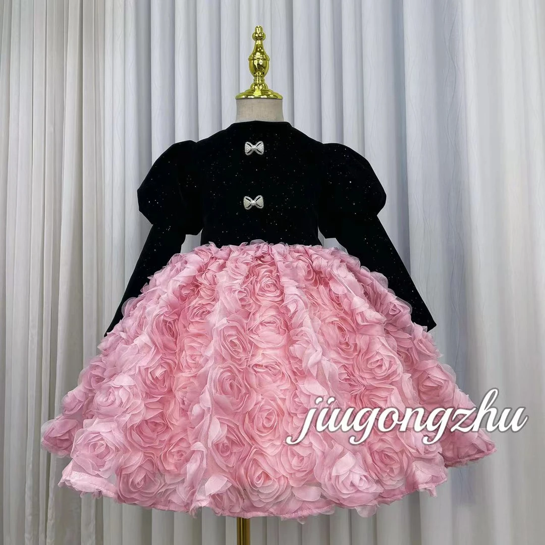 【玫瑰公主】【玖月】长袖短款丝绒粉色黑色拼接撞色花朵公主蓬蓬裙