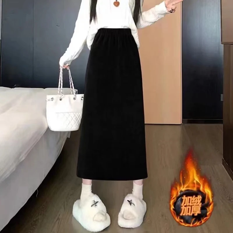 秋冬高腰显瘦半身裙宽松百搭休闲开叉中长款全松紧腰直筒裙7618#