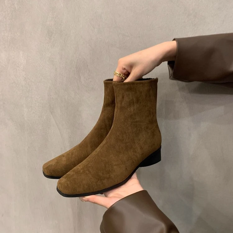 粗跟绒面韩系小踝靴女鞋2024新款秋冬季百搭瘦瘦靴洋气短靴子