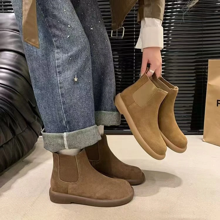 复古磨砂厚平底靴短筒马丁靴女秋冬季软底勃肯鞋瘦靴女短靴子
