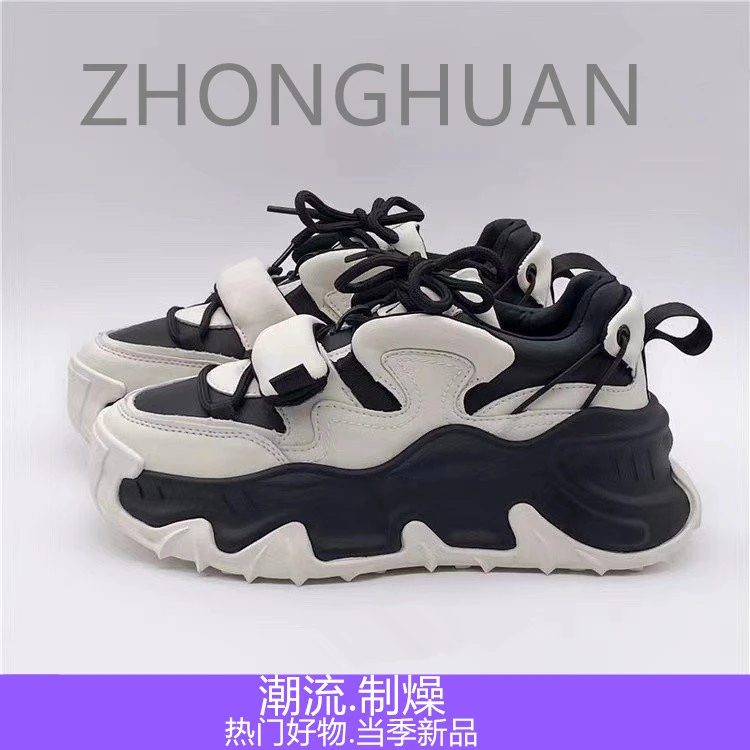 【轻奢定制】文鹿鹿2023秋款熊猫拼色新款百搭厚底增高休闲老爹鞋
