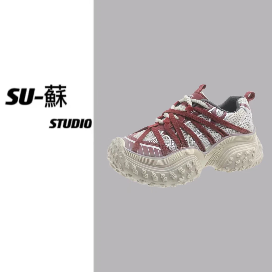 厚底巴黎老爹鞋女2024新款走秀款绑带轮胎榴莲底休闲运动鞋